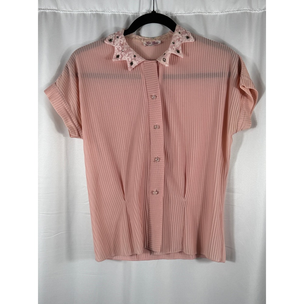 Vintage Rae More Pink Pleated Blouse Lace Rhinestone Collar Short Sleeve Top 32